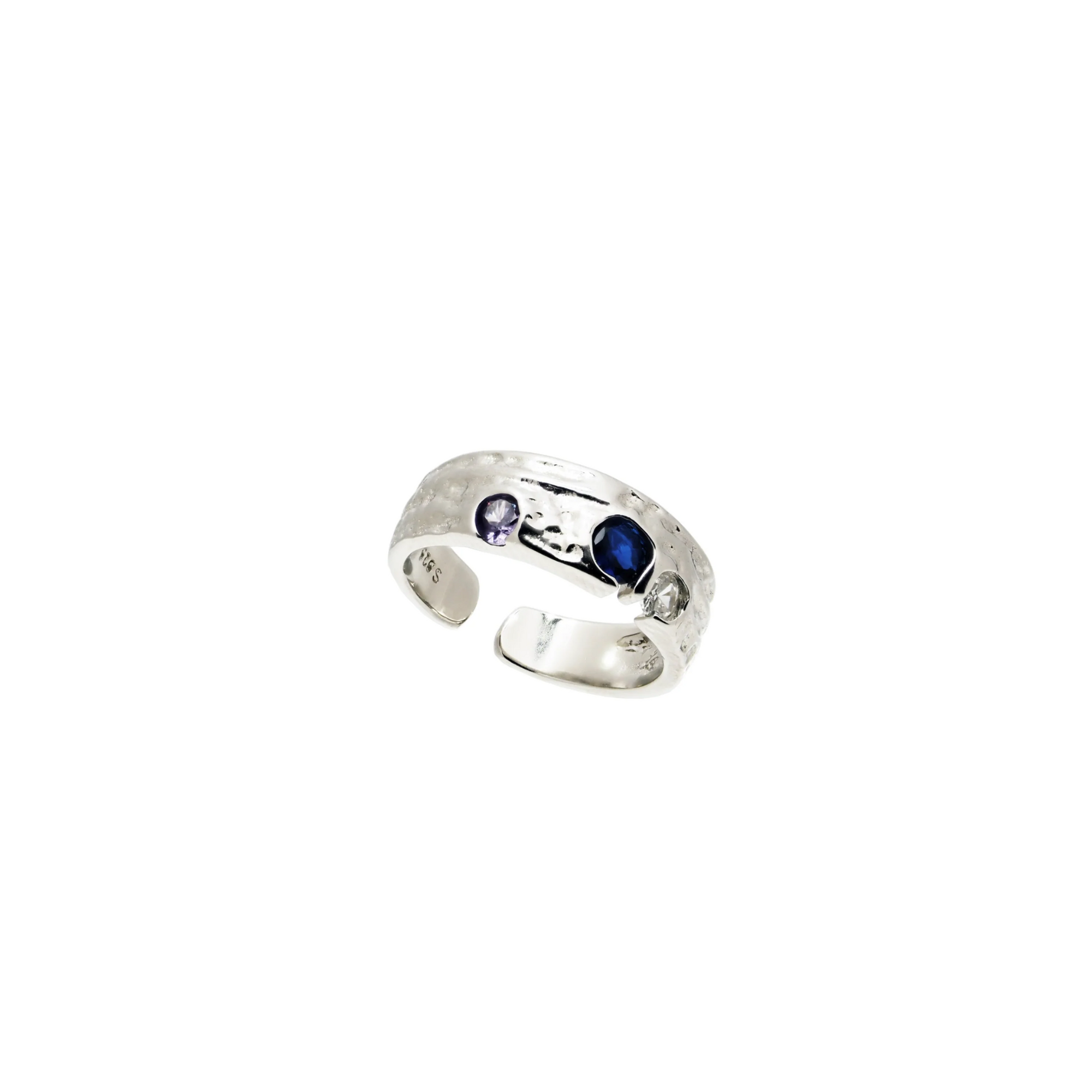 Sterling Silver Blue CZ Hammered Ring