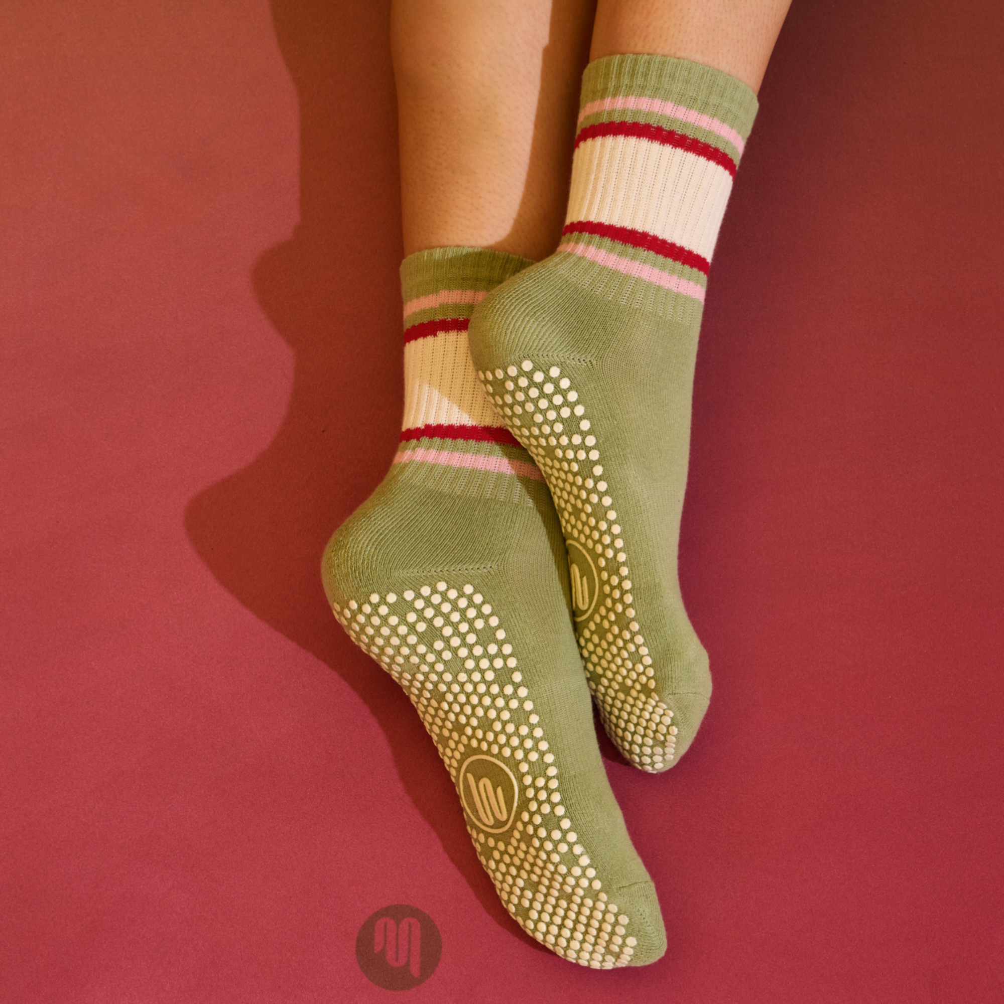 Stripe Sage & Oat Crew Non Slip Grip Socks